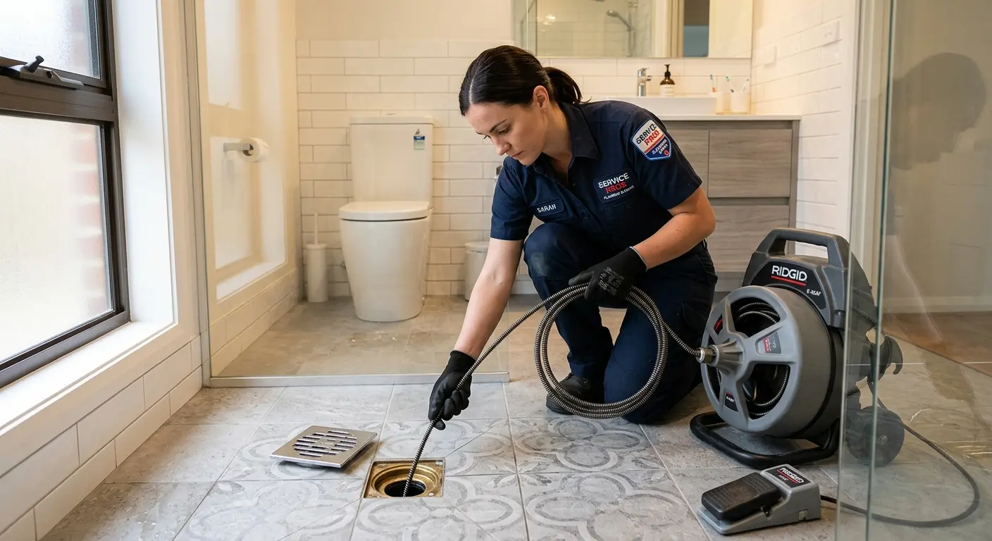 Technician clearing a bathroom floor drain for Sewer Line Replacement in Garden City